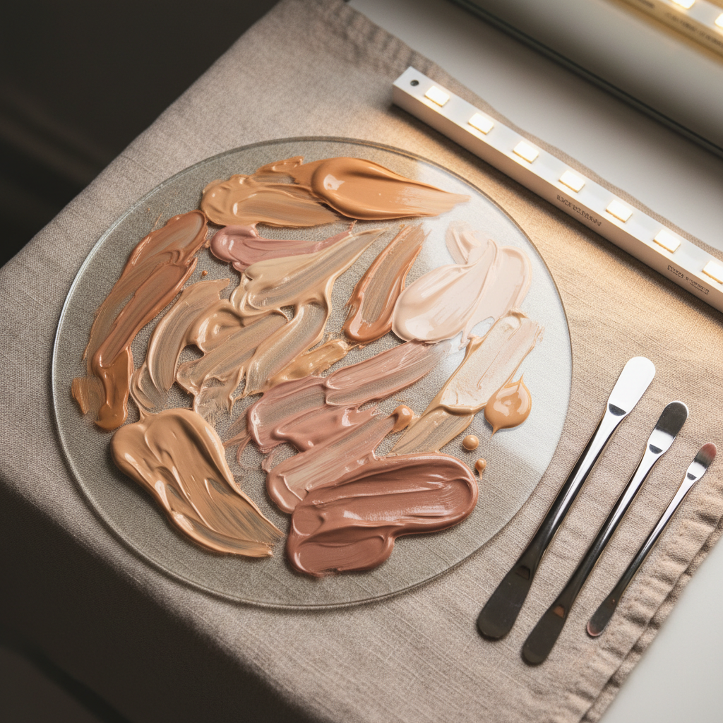 A close-up of a transparent glass mixing palette showcasing delicate, swirling patterns of creamy concealers, luminous highlighters, and blushes in a harmonious palette of warm nudes, rose pinks, and champagne golds. The palette is placed upon a pristine, soft-beige linen cloth, beside an array of small, gleaming stainless-steel spatulas, and next to softly glowing LED vanity lights. The lighting is even and soft, creating luminous highlights and low-contrast shadows that make the creams look sumptuous and tactile. The mood is creative, luxurious, and inviting, captured from a slightly angled overhead shot with crisp detail and a gentle blur on the far background. The style is contemporary and photorealistic, embodying the artistic transformation at the core of the studio’s offerings.