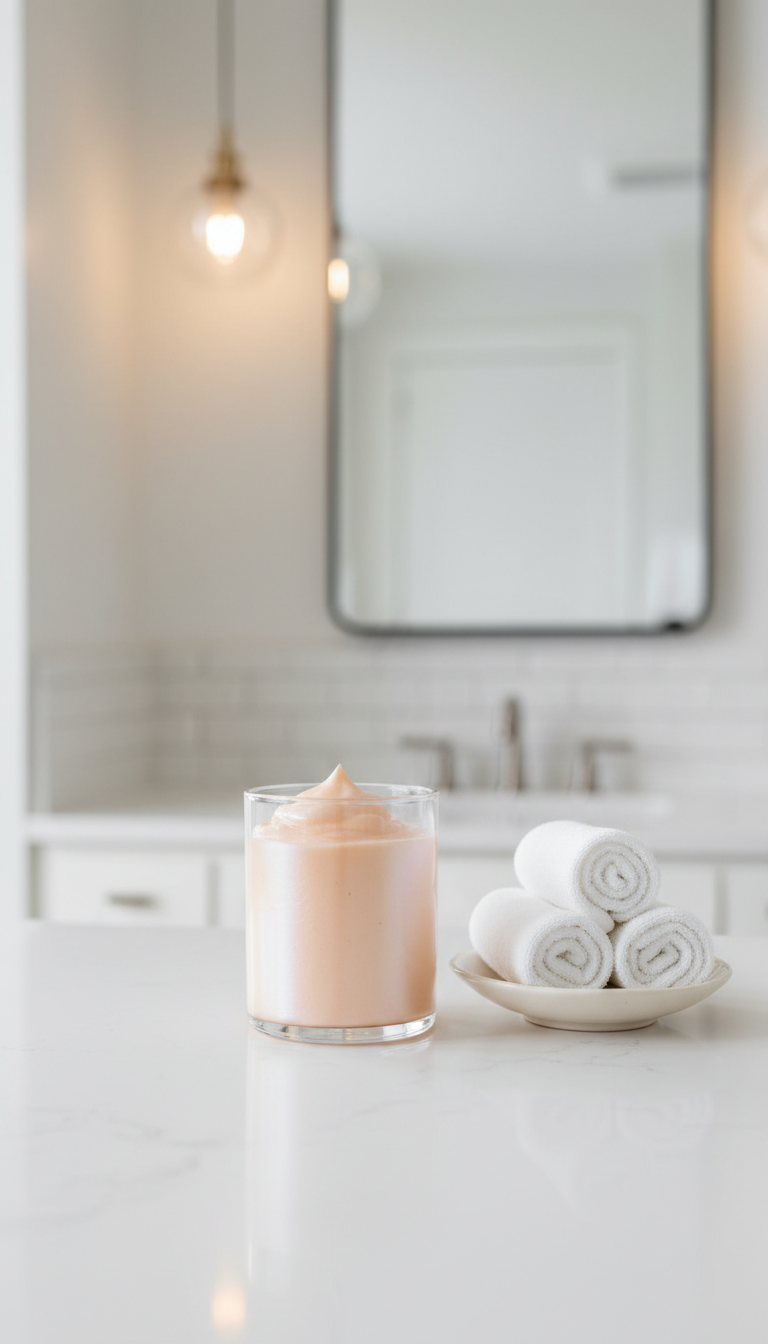 A minimalist, cylindrical glass vessel filled with rich, whipped facial cleansing mousse in a pale peach tone, with a pearlescent finish that catches soft ambient light. The vessel is centered on a gleaming white quartz countertop adjacent to a delicate ceramic dish holding rolled, freshly laundered face cloths. Overhead, warm pendant lighting creates gentle highlights and a sense of refinement, producing subtle reflections on the countertop. The composition is centered and balanced, with sharp focus on the vessel and a lightly blurred, uncluttered background. The mood is calm and sophisticated, with a focus on cleanliness and self-care, rendered in a clean and modern photorealistic aesthetic suitable for a high-end beauty studio.