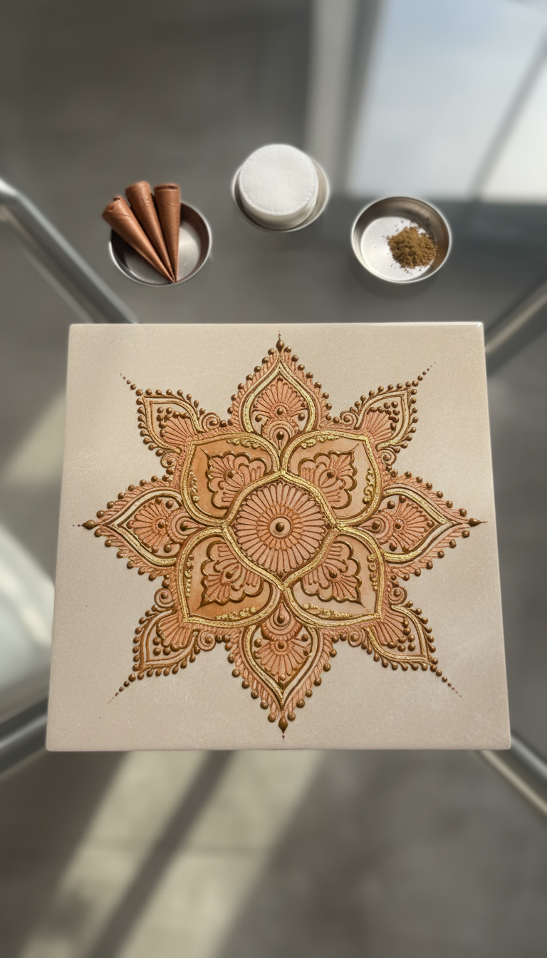 A decorative henna design displayed on a smooth, neutral ceramic tile, featuring intricate, swirling motifs in natural reddish-brown hues, accented by delicate gold foil embellishments. The tile rests on a polished glass tabletop, with tiny silver dishes holding henna cones and soft cotton pads arranged nearby. Subtle, filtered daylight creates gentle highlights and enhances the rich earthy colors of the design while keeping the tone soft. Shot from a direct overhead angle for optimal symmetry, with a sharp focus on the artwork and a softly blurred glass and metal background. The mood is artistic and refined, perfectly representing the studio’s detailed and hygienic henna services with a stylish, modern, and realistic approach.