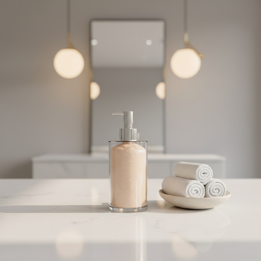 A minimalist, cylindrical glass vessel filled with rich, whipped facial cleansing mousse in a pale peach tone, with a pearlescent finish that catches soft ambient light. The vessel is centered on a gleaming white quartz countertop adjacent to a delicate ceramic dish holding rolled, freshly laundered face cloths. Overhead, warm pendant lighting creates gentle highlights and a sense of refinement, producing subtle reflections on the countertop. The composition is centered and balanced, with sharp focus on the vessel and a lightly blurred, uncluttered background. The mood is calm and sophisticated, with a focus on cleanliness and self-care, rendered in a clean and modern photorealistic aesthetic suitable for a high-end beauty studio.