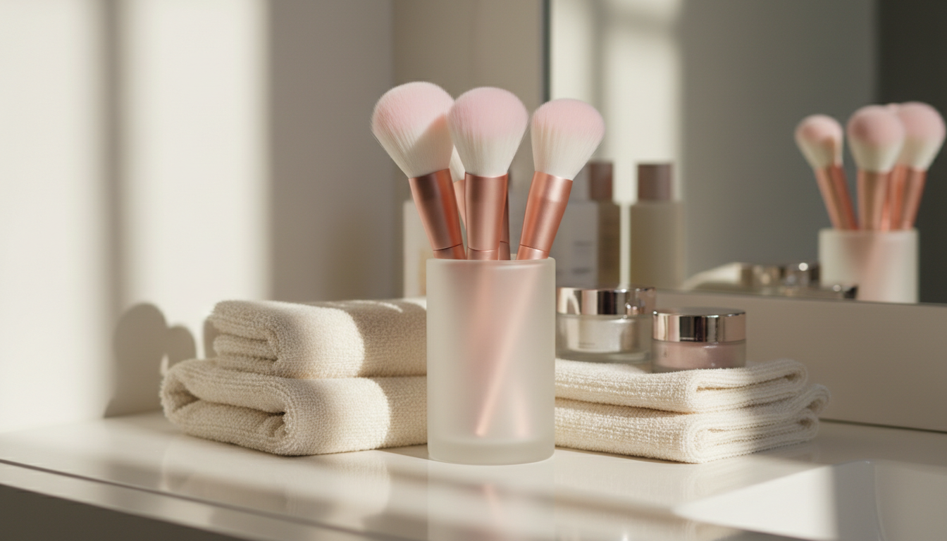 An elegant arrangement of luxury makeup brushes displayed upright in a frosted glass holder, each brush featuring dense, ultra-soft synthetic bristles and matte rose-gold handles with a subtle sheen. The set rests on a smooth, cream-colored vanity bordered by neatly folded plush towels and shimmering jars of premium skincare products. Gentle, diffused natural light from an unseen nearby window highlights the brushes’ textures and softly illuminates the workspace, casting delicate shadows. The mood is serene and inviting, with a hint of opulence. Shot from a slightly elevated perspective, using a shallow depth of field to keep the foreground in sharp focus and softly blur the background. The artistic style is clean, modern, and photorealistic, emphasizing the studio’s commitment to luxury and precision.