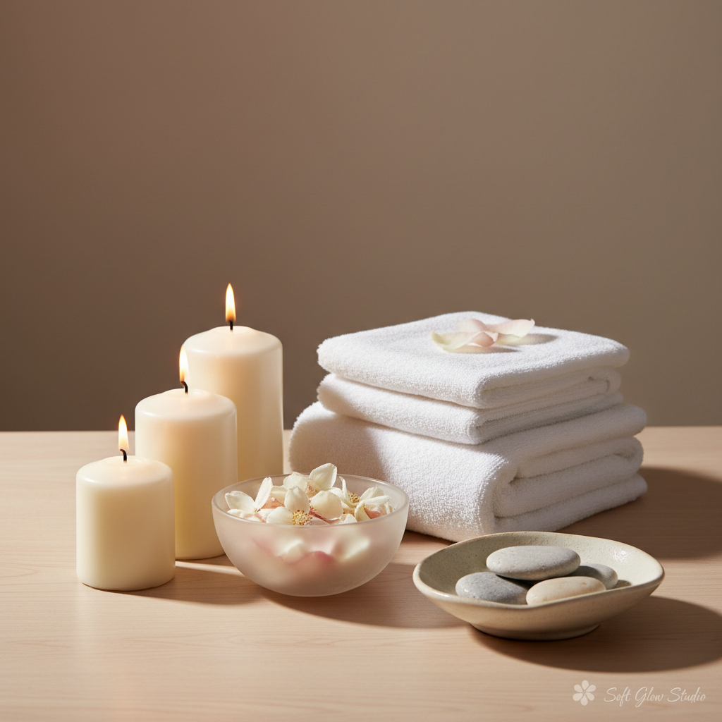 A beautifully arranged still life of scented soy wax candles—creamy white with a satin finish—surrounded by delicately folded white spa towels, a frosted glass bowl of flower petals, and an elegant ceramic dish of smooth river stones. These items are positioned atop a light wooden spa table against a minimalist taupe wall. Soft, warm studio lighting and subtle ambient light from the candles create a tranquil, restorative glow, casting gentle shadows and highlights across the surfaces. The composition utilizes rule-of-thirds placement for natural balance, with a medium depth of field for inviting clarity. The overall mood is peaceful and relaxing, reinforcing the atmosphere of rejuvenation central to Soft Glow Studio through a clean, photorealistic, and modern visual style.