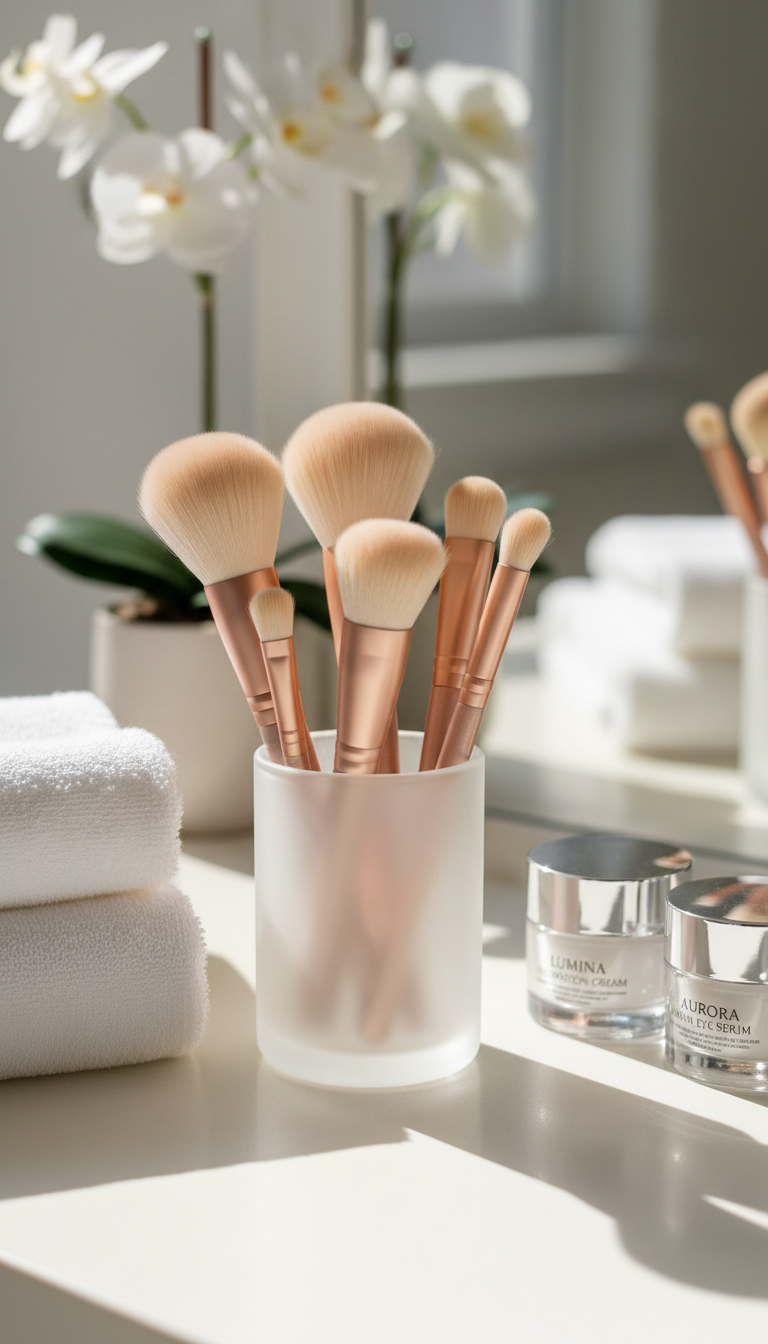 An elegant arrangement of luxury makeup brushes displayed upright in a frosted glass holder, each brush featuring dense, ultra-soft synthetic bristles and matte rose-gold handles with a subtle sheen. The set rests on a smooth, cream-colored vanity bordered by neatly folded plush towels and shimmering jars of premium skincare products. Gentle, diffused natural light from an unseen nearby window highlights the brushes’ textures and softly illuminates the workspace, casting delicate shadows. The mood is serene and inviting, with a hint of opulence. Shot from a slightly elevated perspective, using a shallow depth of field to keep the foreground in sharp focus and softly blur the background. The artistic style is clean, modern, and photorealistic, emphasizing the studio’s commitment to luxury and precision.